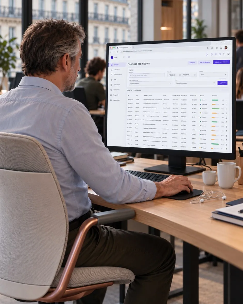 Un chef de projet analyse un planning de missions sur son écran, dans des bureaux parisiens lumineux