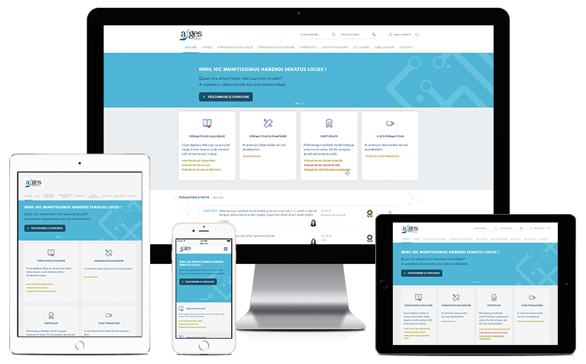 Le site internet de l'AFEGS est en responsive Design. Il est accessible depuis tous les terminaux mobiles, les tablettes, les ordinateurs portables et de bureaux Site internet de l'AFGES présenté sur 4 écrans différents