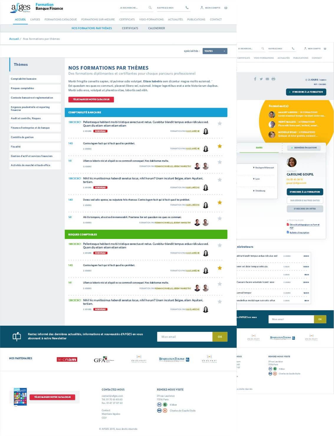 Les administrateurs du site peuvent ajouter autant de formations qu'ils le souhaitent. Elles sont éditables et il est possible d'intervenir sur leur catégorie, certificat, programme ou encore les formateurs, objectifs et dates associées. Affichage de 2 pages principales du site web de l'AFGES