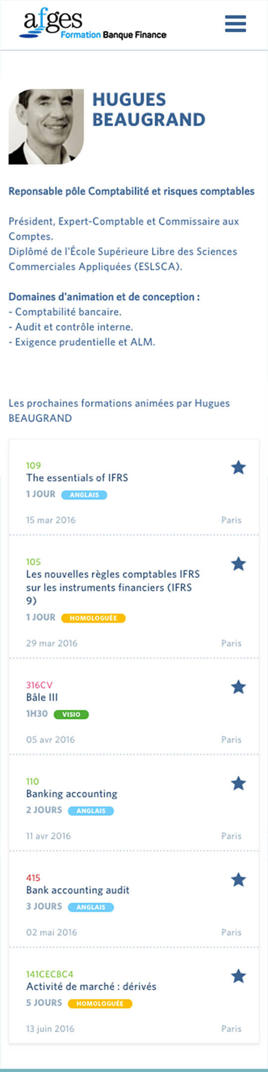 Chaque animateur a une fiche personnelle qui le présente et indique toutes ses prochaines formations à venir. Ecran d'un animateur depuis un terminal mobile