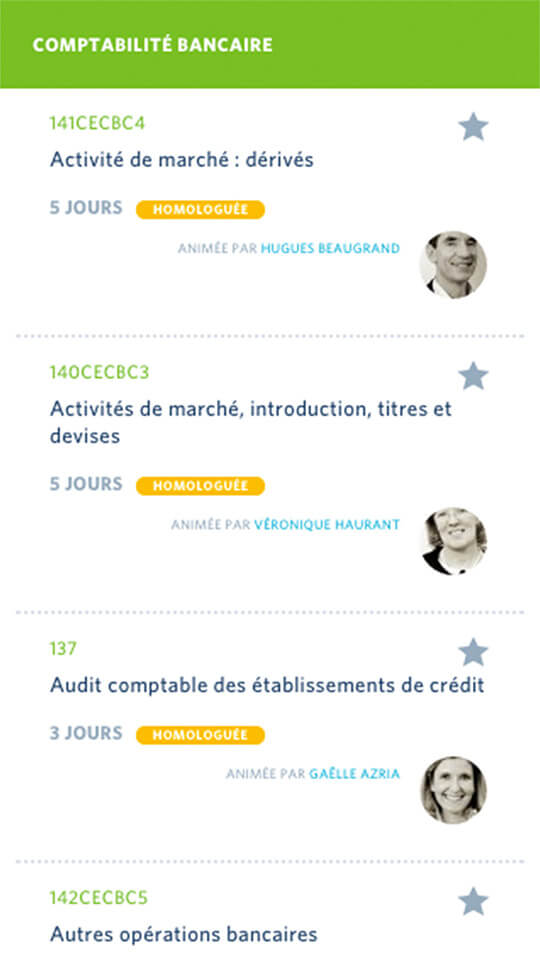 Sur mobile aussi, trouver une formation est facile et rapide pour tous les utilisateurs Ecran représentant une liste de foramtions sur mobile