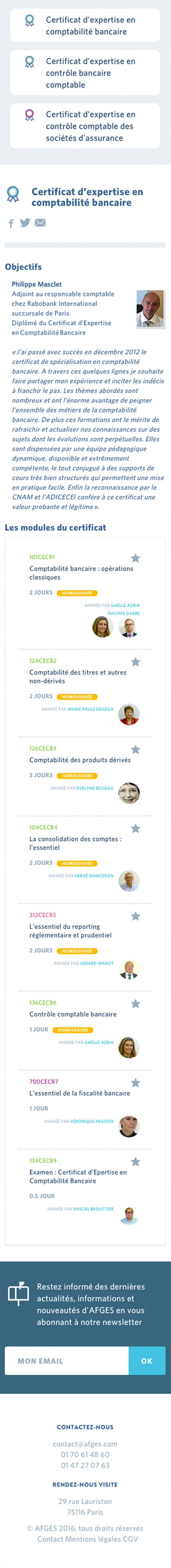 Il est possible de voir d'un seul coup d'oeil toutes les formations liées à un même certificat. Ecran mobile
