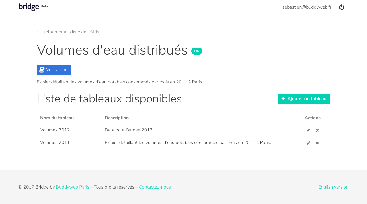Interface de l'application Bridge : Liste des tableaux d'une API publique Interface de l'application Bridge : Liste des tableaux d'une API publique