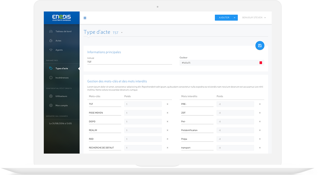 Ecran de configuration de types d'actes